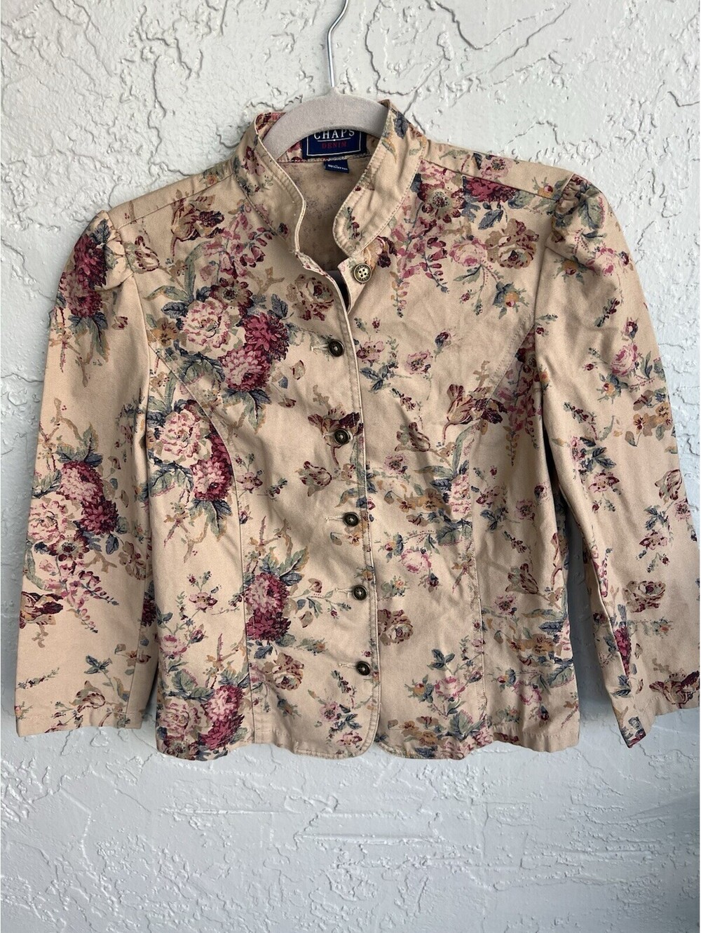 Chaps Denim Jacket Womens S Beige Floral Rose Print Cotton Fairy Victorian Vtg. - Picture 2 of 15